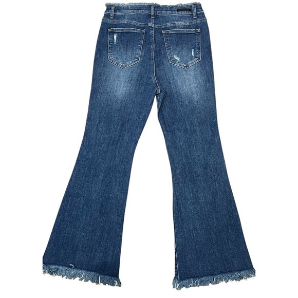 Risen Women Jeans RAW EDGE WAIST W FRAYED HEM FLARE Blue Distressed 32/15 NWT - Picture 4 of 16
